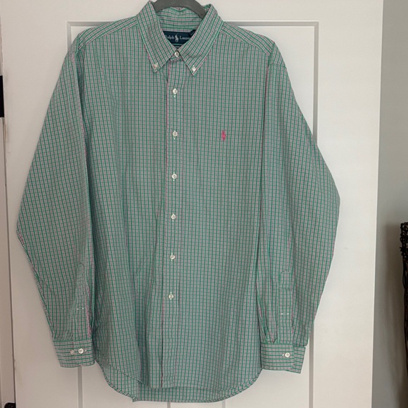 Ralph Lauren Men's Green and Pink Plaid Shirt Long Sleeve Button Up - Picture 1 of 5